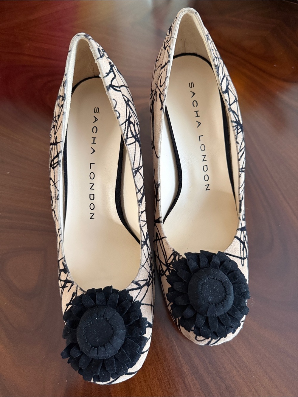Sacha London Cream Pumps with Black Floral Rosette